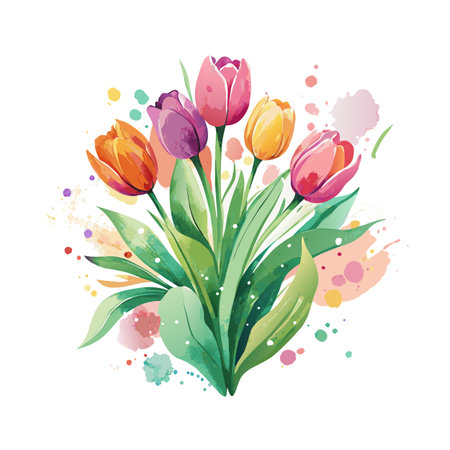 Watercolor Tulip Bouquet: Spring Floral Illustration with Vibrant Colors and Artistic Splattersのイラスト素材