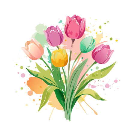 Watercolor Tulips Floral Bouquet Illustration on White Background, Colorful Spring Flowersのイラスト素材