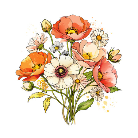 Elegant watercolor floral bouquet featuring vibrant poppies and delicate daisies on white backgroundのイラスト素材