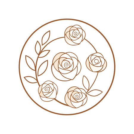 Floral Emblem: Delicate Line Art of Roses and Leaves in a Circular Frameのイラスト素材