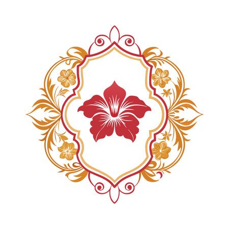 Elegant hibiscus flower emblem with golden floral ornaments on white backgroundのイラスト素材