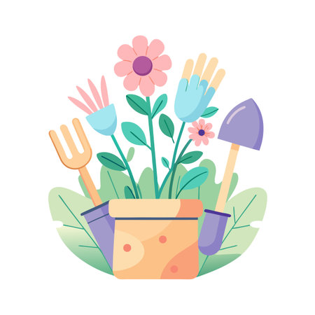 Cute gardening vector illustration with flower pot and tools for planting projectsのイラスト素材
