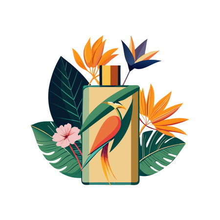 Modern perfume bottle with tropical foliage and bird illustration on a white backgroundのイラスト素材