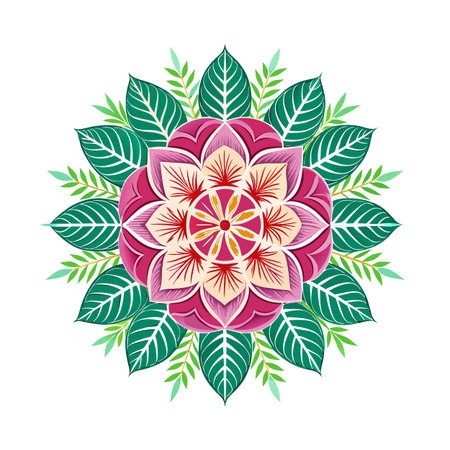 Abstract floral mandala with intricate leaf pattern and vibrant colors isolated on whiteのイラスト素材