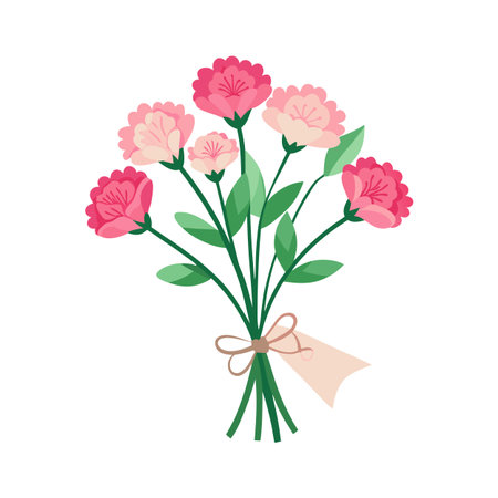 Floral bouquet with pink flowers, green stems, ribbon, and tag illustration on white backgroundのイラスト素材