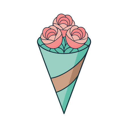 Delicate bouquet of three roses wrapped in a light teal cone with a brown ribbonのイラスト素材