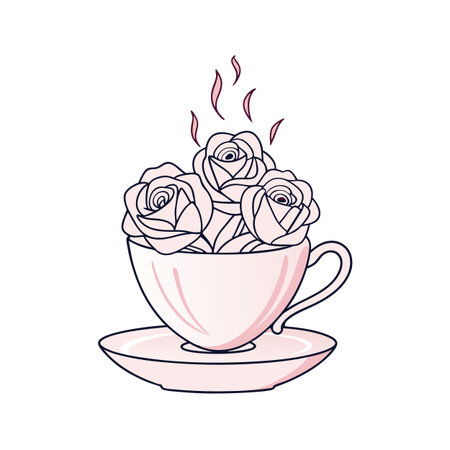 Elegant roses inside vintage teacup on saucer emitting aroma, decorative illustration, pale pinkのイラスト素材