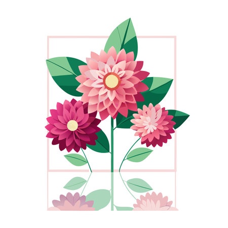Elegant floral arrangement with stylized dahlia flowers and reflection on a white backgroundのイラスト素材
