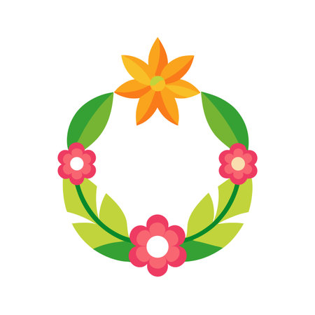 Flat Design Floral Wreath Illustration with Pink Flowers and Green Leaves on White Backgroundのイラスト素材