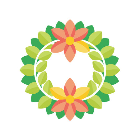 Floral Wreath with Geometric Style Flowers and Leaves Isolated on White Backgroundのイラスト素材