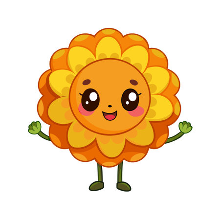 Cute cartoon sunflower character with happy expression on white background studio shotのイラスト素材