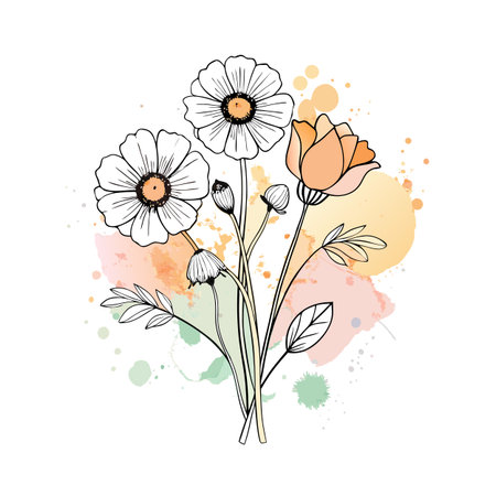 Delicate Floral Bouquet Illustration with Watercolor Accents and Line Artのイラスト素材