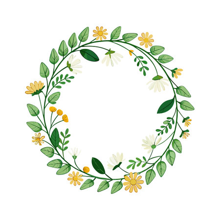 Floral Wreath Illustration with Daisy Flowers and Green Leaves for Spring or Summer Designのイラスト素材