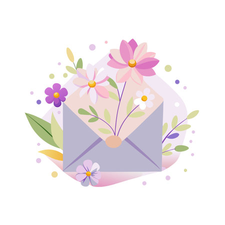 Floral Surprise Inside Envelope: A bouquet of colorful flowers spilling out from a pastel envelopeのイラスト素材