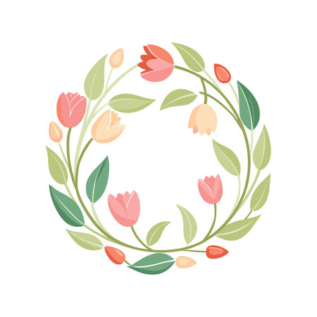 Circular floral wreath with tulips and leaves in pastel colors on white backgroundのイラスト素材