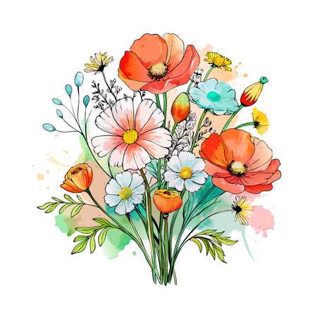 Watercolor floral bouquet illustration featuring vibrant poppies and daisies on a white backgroundのイラスト素材