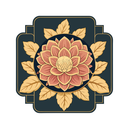 Elegant floral vector art with peach flower and golden leaves on a dark backgroundのイラスト素材