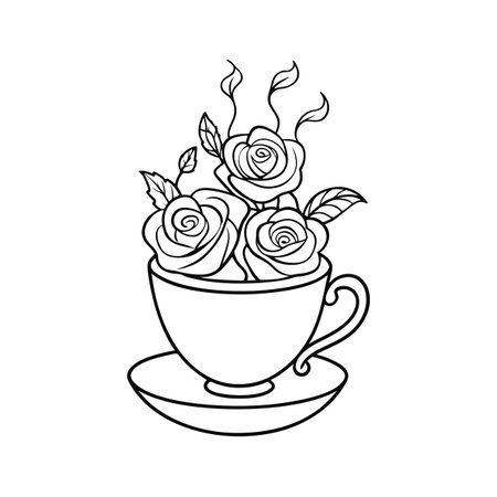 Elegant roses in a teacup line art illustration for greeting cards and wedding invitations.のイラスト素材