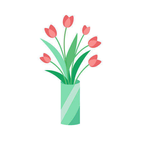 Stylized tulips in a glass vase, presenting a refreshing springtime visual on a clean white background.のイラスト素材