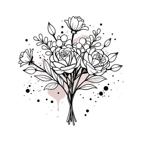 Elegant line art bouquet of roses and berries with watercolor stains illustrationのイラスト素材