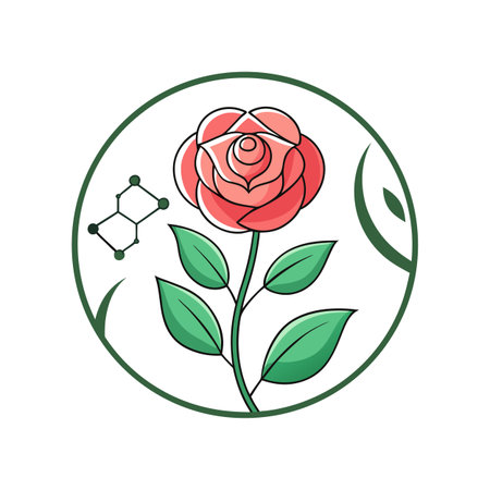 Stylized Pink Rose with Green Leaves and Molecular Structure in Circular Frameのイラスト素材