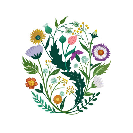 Colorful Floral Oval Illustration with Various Flowers and Leaves on White Backgroundのイラスト素材