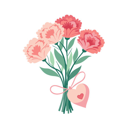 Pastel floral arrangement with heart-shaped tag tied with a ribbon against a white backgroundのイラスト素材