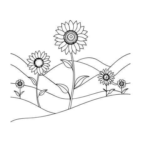 Black and white outline illustration of sunflowers growing in a hilly field under the sunのイラスト素材