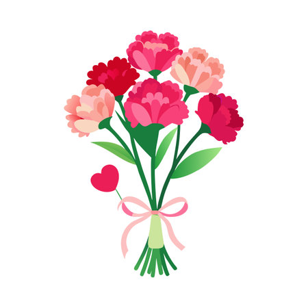Romantic bouquet of carnations in shades of pink and red tied with a ribbonのイラスト素材