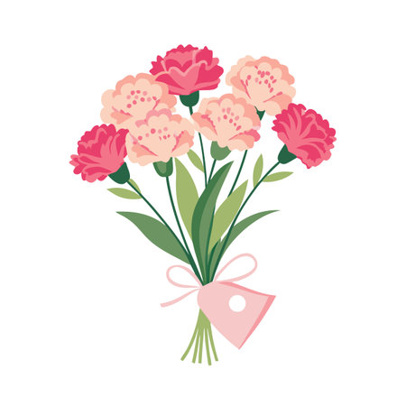 A charming bouquet of carnations with pink and peach blossoms tied with ribbonのイラスト素材
