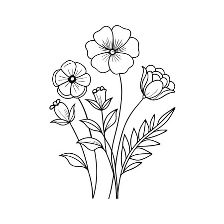 Floral line art illustration featuring a bouquet of flowers and leaves isolated on whiteのイラスト素材