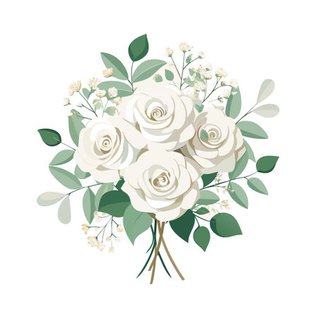 Elegant White Rose and Green Foliage Bouquet for Weddings and Celebrationsのイラスト素材
