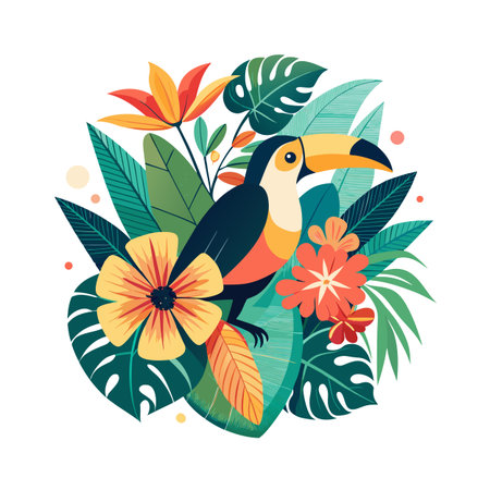Colorful Toucan Illustration Surrounded by Tropical Plants and Flowers in Flat Design Styleのイラスト素材