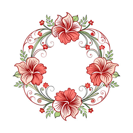 Floral hibiscus wreath illustration in red and green tones isolated on white background.のイラスト素材