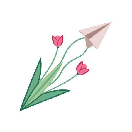 Paper airplane soaring from tulip bouquet, symbol of dreams and springのイラスト素材