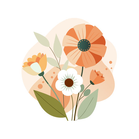 Stylized floral arrangement with warm tones and organic shapes for spring or summer themesのイラスト素材
