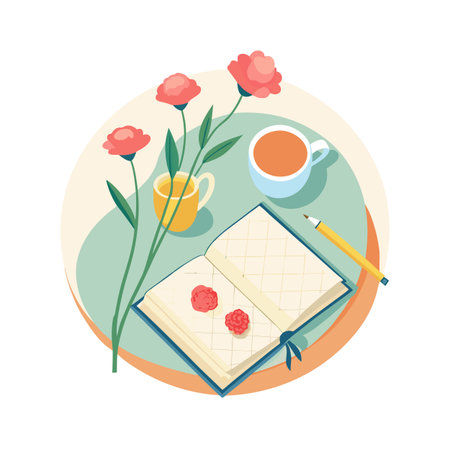 Flat lay illustration of diary, flowers, and tea, perfect for journaling or creative pursuitsのイラスト素材