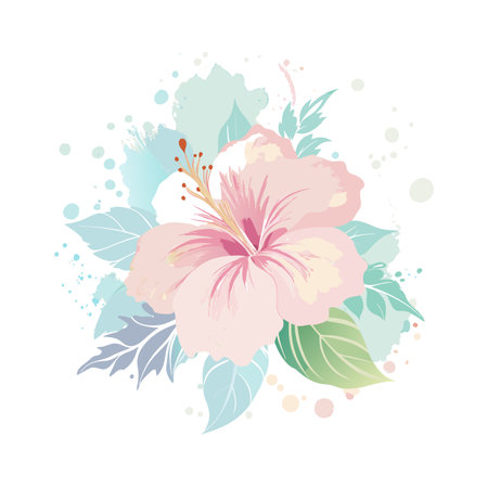 Watercolor Hibiscus Flower with Pastel Leaves and Paint Splatters for Artistic Designsのイラスト素材