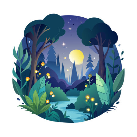 Vector Illustration of a Peaceful Forest Scene at Night with a River and Moonのイラスト素材