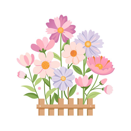 Pastel Flower Garden Behind Picket Fence Illustration for Spring or Mother's Day Conceptsのイラスト素材