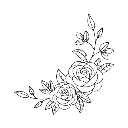 Elegant floral corner design featuring roses and foliage in black and white line artのイラスト素材