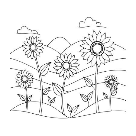 Black and White Sunflower Field Outline with Mountains and Clouds Illustrationのイラスト素材
