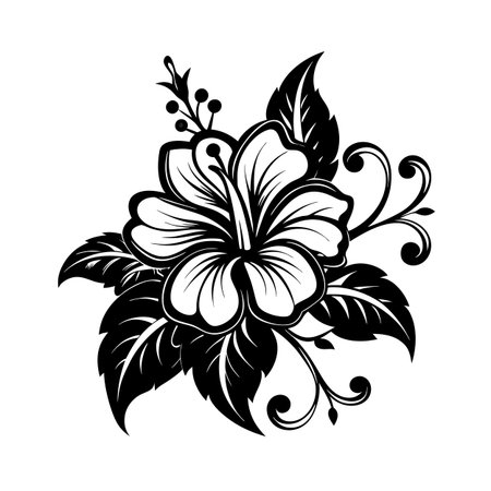 Elegant Hibiscus Flower and Leaves Black and White Vector Illustration for Prints and Designsのイラスト素材
