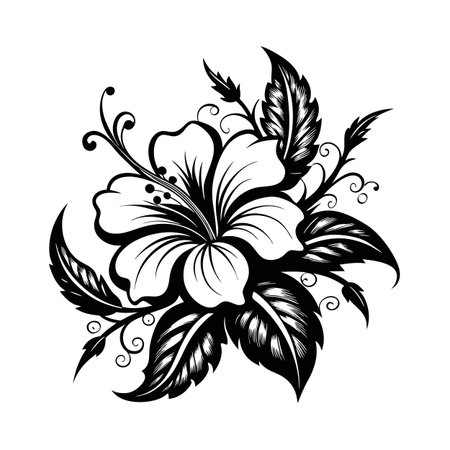 Elegant Hibiscus Flower Illustration with Intricate Leaves and Swirling Vines in Black and Whiteのイラスト素材