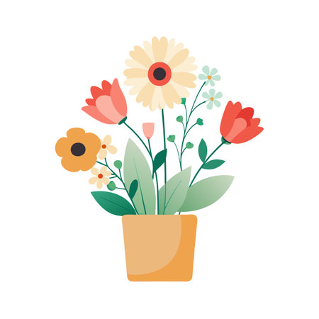 Colorful floral arrangement in a pot, showcasing a variety of spring bloomsのイラスト素材