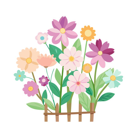 Colorful Floral Arrangement Behind a Wooden Fence: Spring Garden Illustration for Backgroundsのイラスト素材