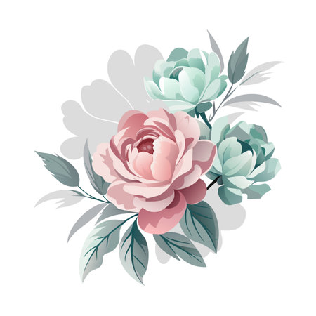 Pastel Floral Arrangement with Pink and Teal Roses and Foliage on White Backgroundのイラスト素材