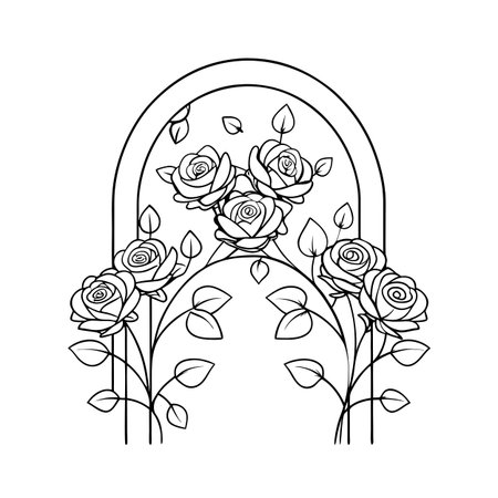 Elegant rose archway line art illustration with blooming flowers and detailed leavesのイラスト素材