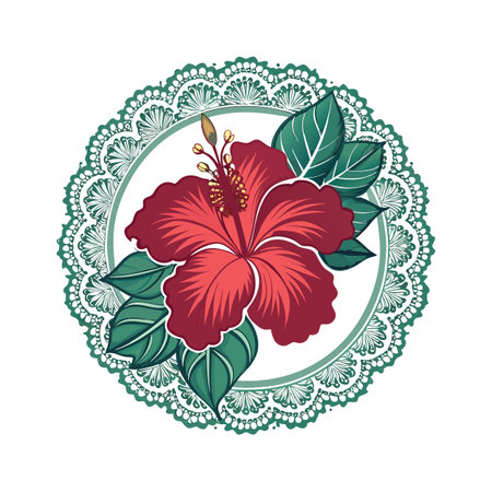 Elegant hibiscus flower illustration with decorative green lace border for floral design projectsのイラスト素材