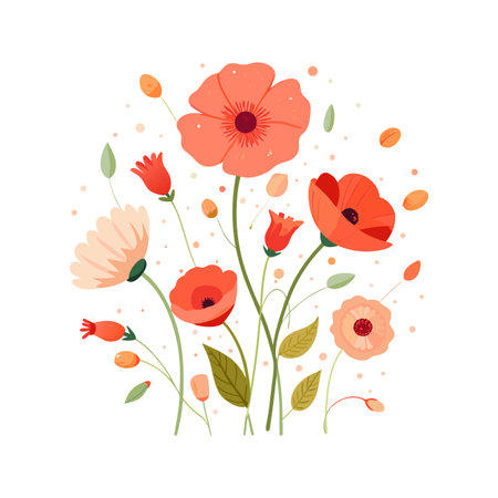 Vector Illustration of Blooming Flowers on White Background in Warm Colorsのイラスト素材